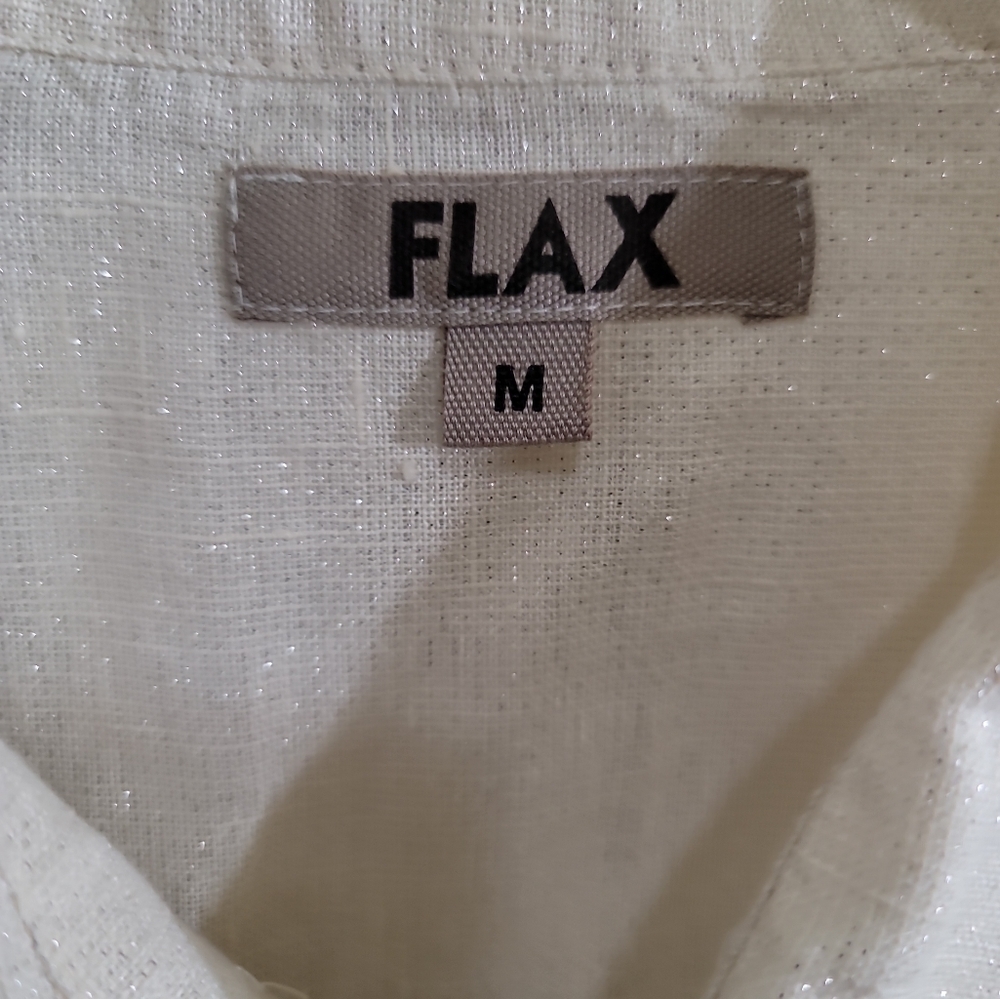 Flax Linen Blend Button-Up Tunic Shirt Silver Metallic Threading Cream Lagenlook - Picture 2 of 6